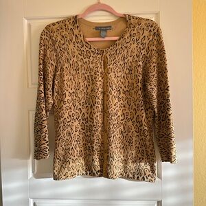 Hillard & Hanson Silk Blend Beige Leopard Print 3/4 Length Sleeve Cardigan